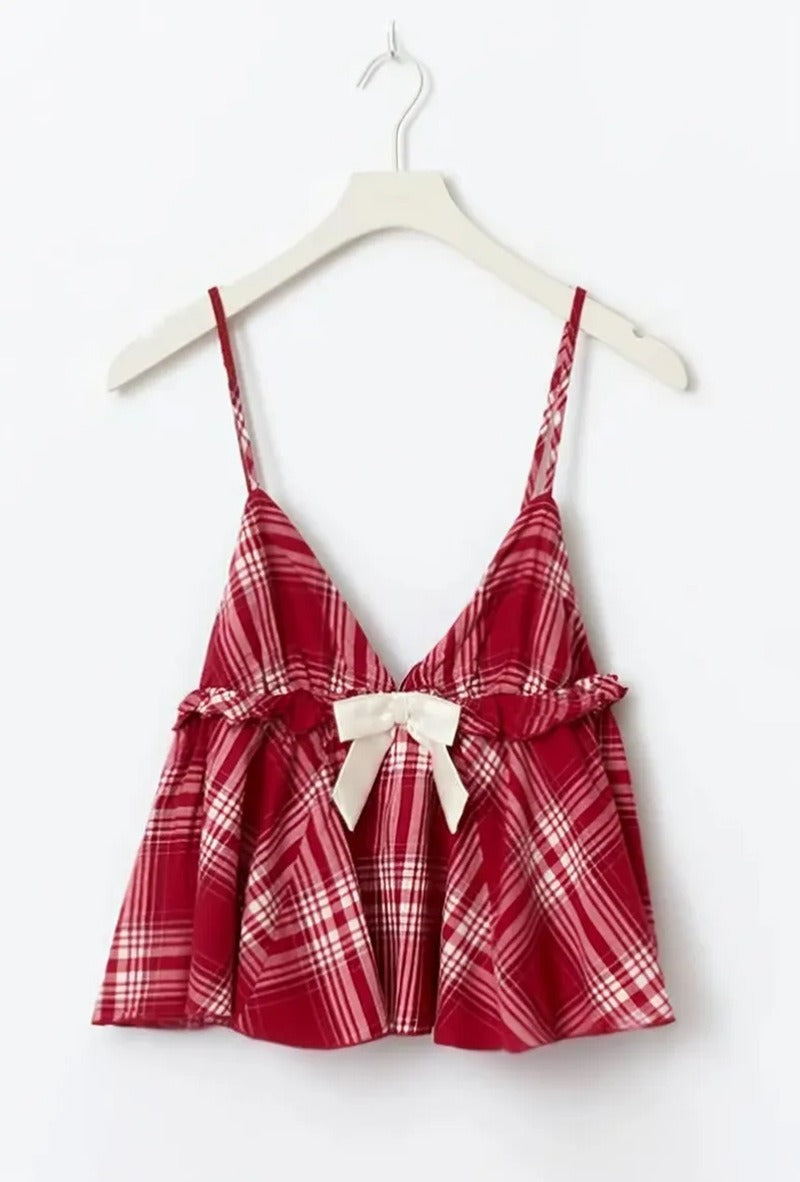 Women's Casual Plaid Bow Tie Camisole Set
