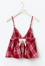 Women's Casual Plaid Bow Tie Camisole Set