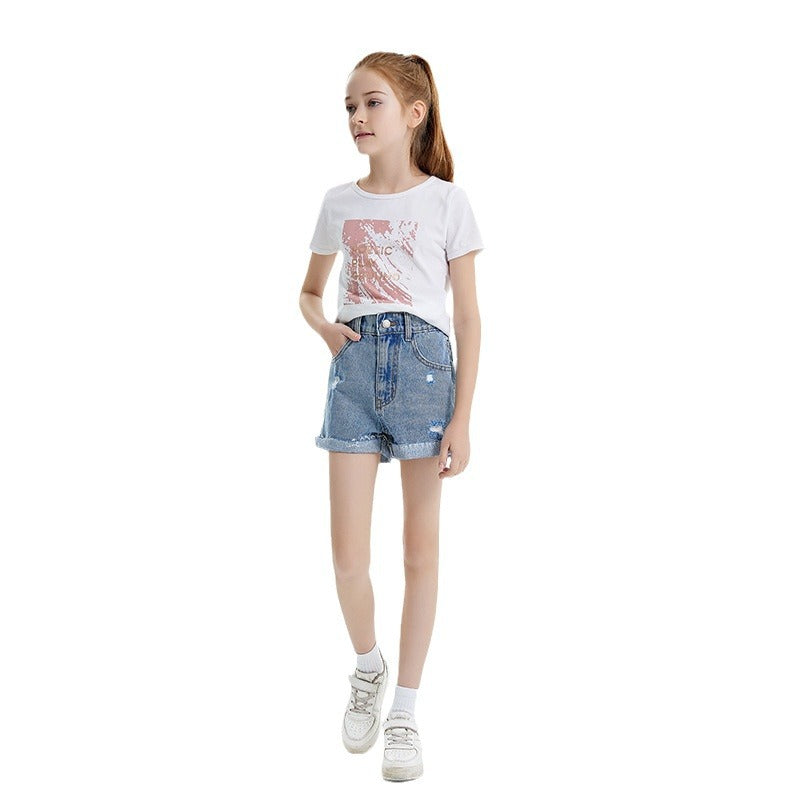 2024 Spring/Summer Girls' Distressed Denim Shorts