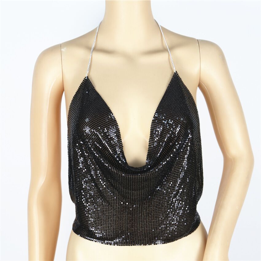 Metallic Sequin Chain Strap Deep V Crop Top for Women