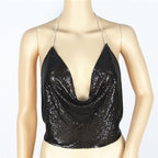 Metallic Sequin Chain Strap Deep V Crop Top for Women