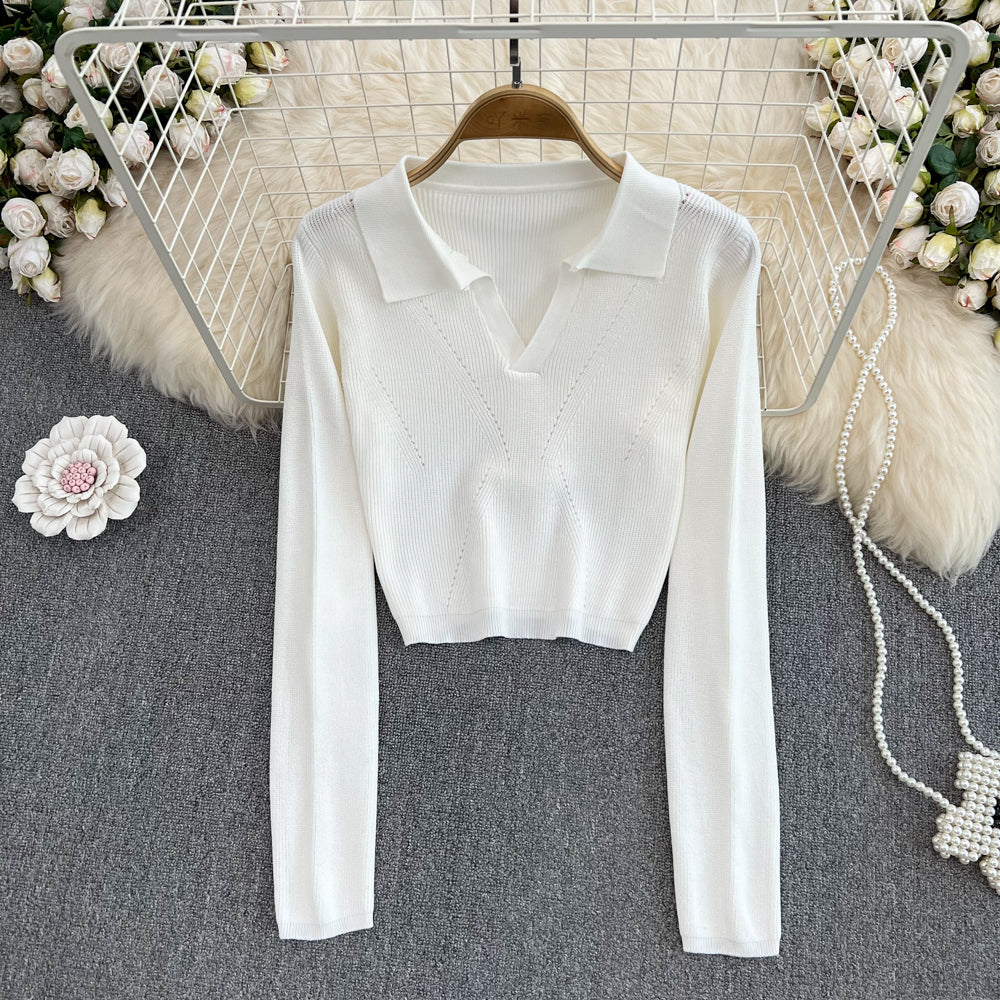 Slim Knitted Long Sleeve Turn Down Collar Crop Top