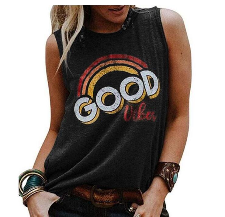 Summer Rainbow Letter Print Round Neck Tank Top