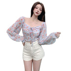 Korea Style Floral Off Shoulder Chiffon Crop Top