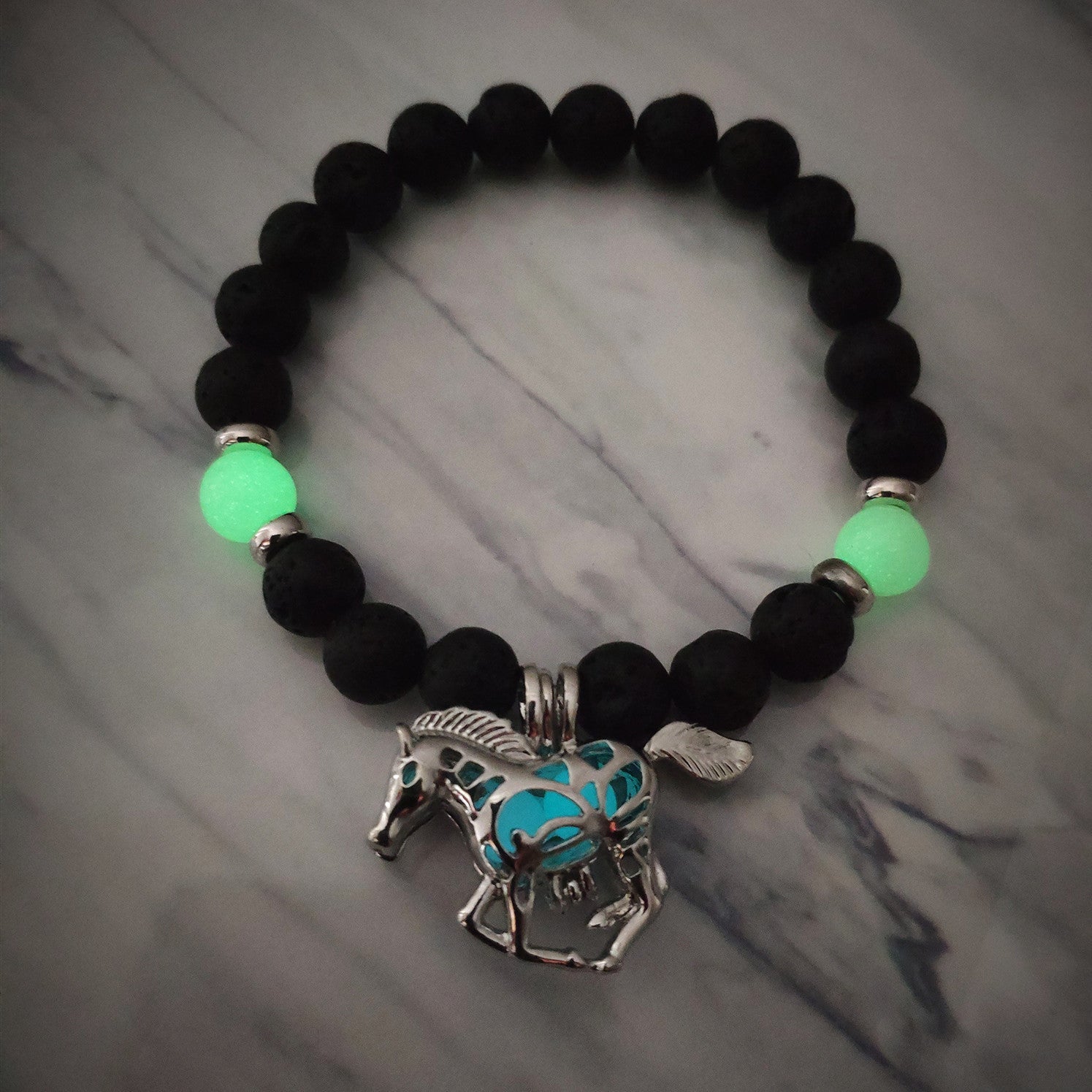 Lava Rock Beaded Bracelet with Glow-in-the-Dark Horse Charm