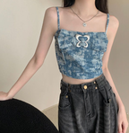 Heart Collar Ruffled Tie-Dye Sequin Tank Top for Women