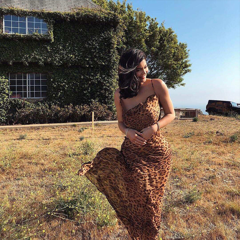 Leopard Print Backless Dress with Spaghetti Straps