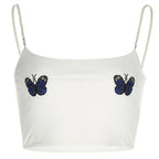 Fashion Slim Fit Pearl Strap Butterfly Embroidery Tank Top