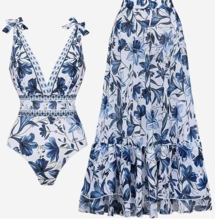 Blue Floral Deep V Tie-Shoulder One-Piece Swimsuit