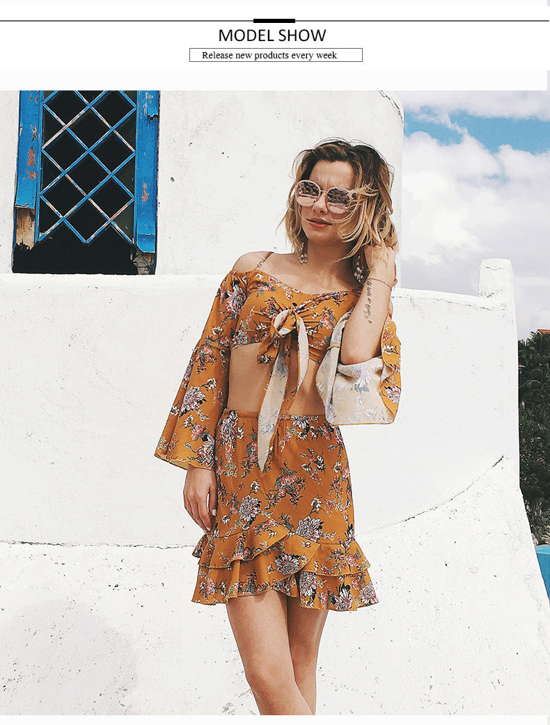 LIVA Bohemian Printed Crop Top and Chiffon Skirt Set