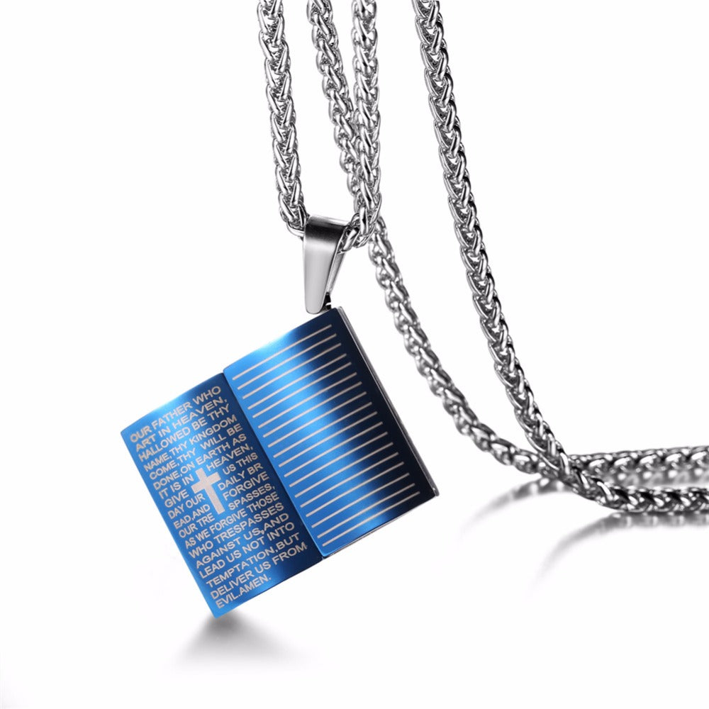 Collar con colgante de Biblia Sagrada azul de Jesús en acero inoxidable