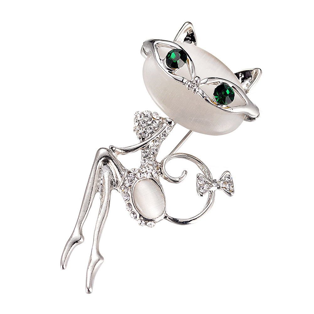 Cat Rhinestone Opal Brooch