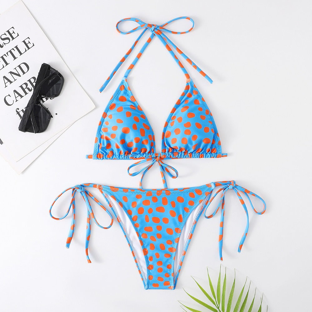 Dot Print Triangle Tie-Side Bikini Set