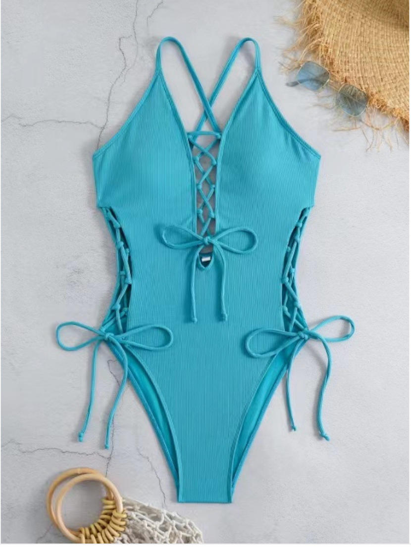Women's Ribbed Lace-Up Plunge One-Piece Swimsuit