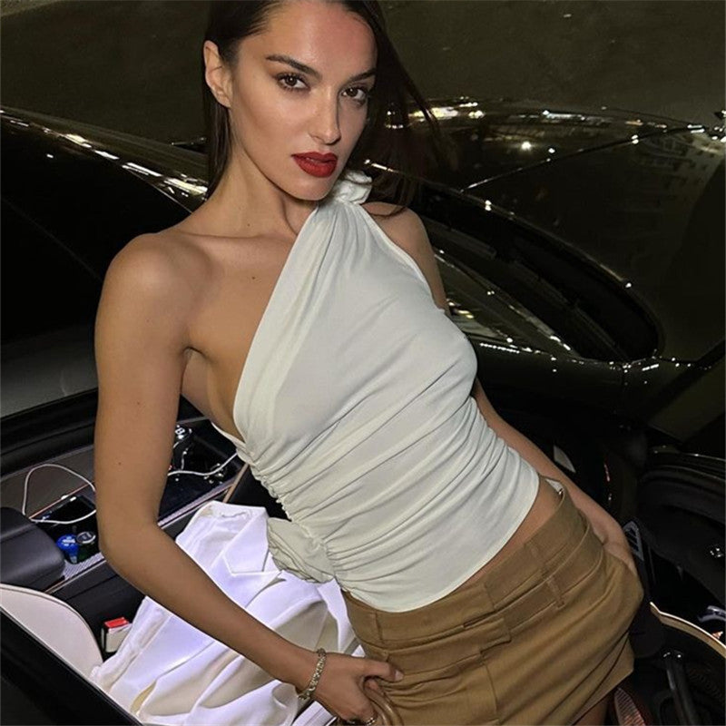 Spring 2023 Sexy Off-Shoulder Ruched Tank Top
