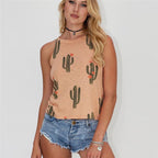 Fashionable Sleeveless Round Neck Cactus Print Tank Top