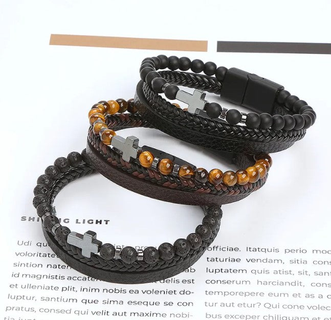 Leather Beaded Cross Bracelet