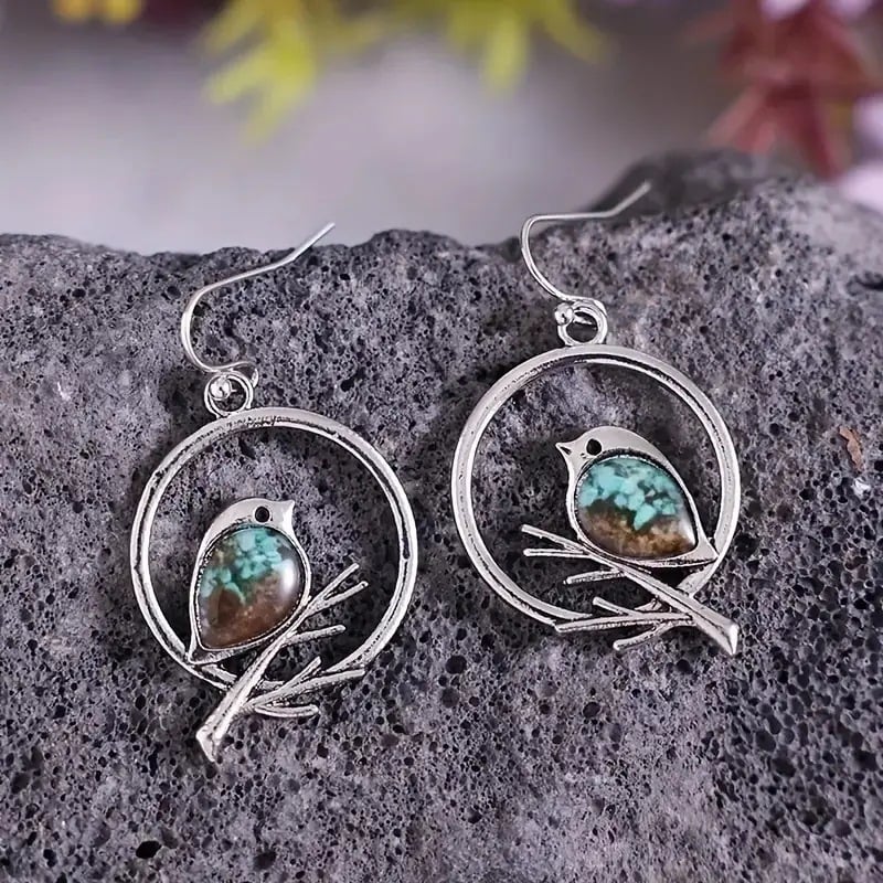 Turquoise Stone Bird on Branch Drop Earrings