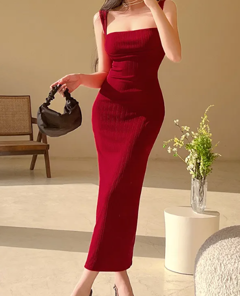 Square-Neck Ribbed Knit Bodycon Maxi Dress