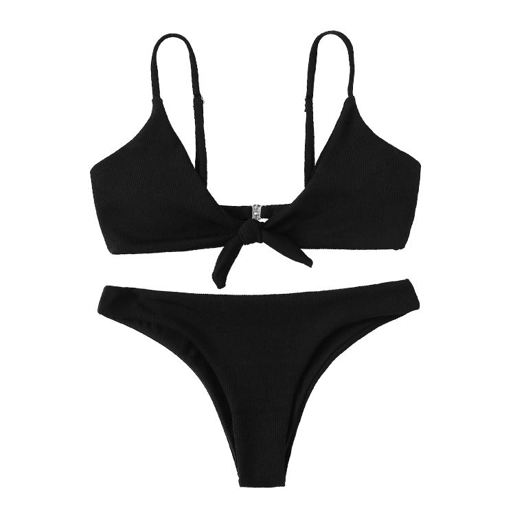 Ribbed Tie-Front Triangle Bikini Set