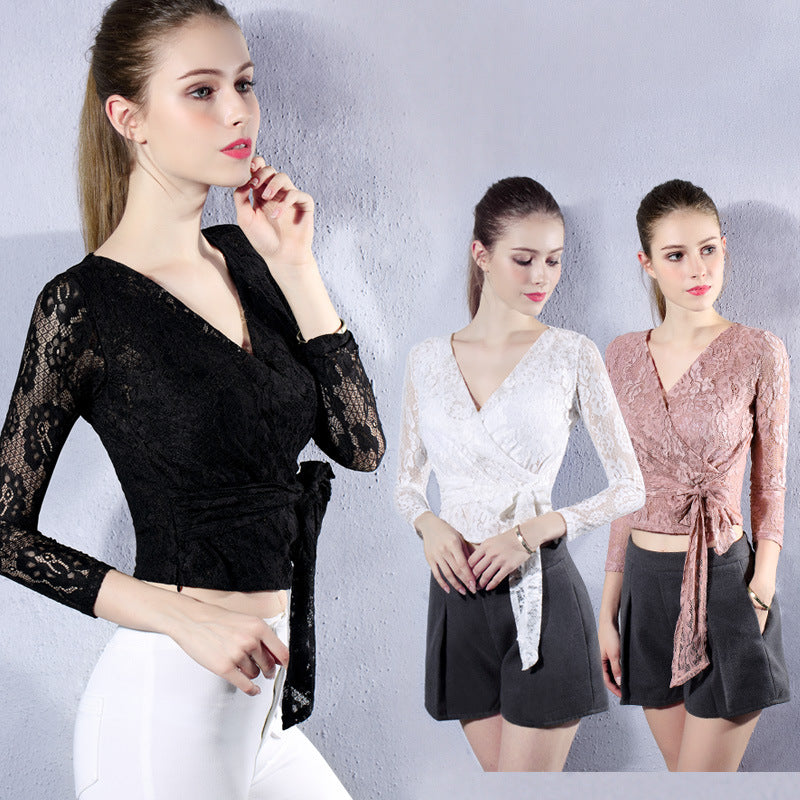 Summer Lace Deep V Long Sleeve Crop Top for Women