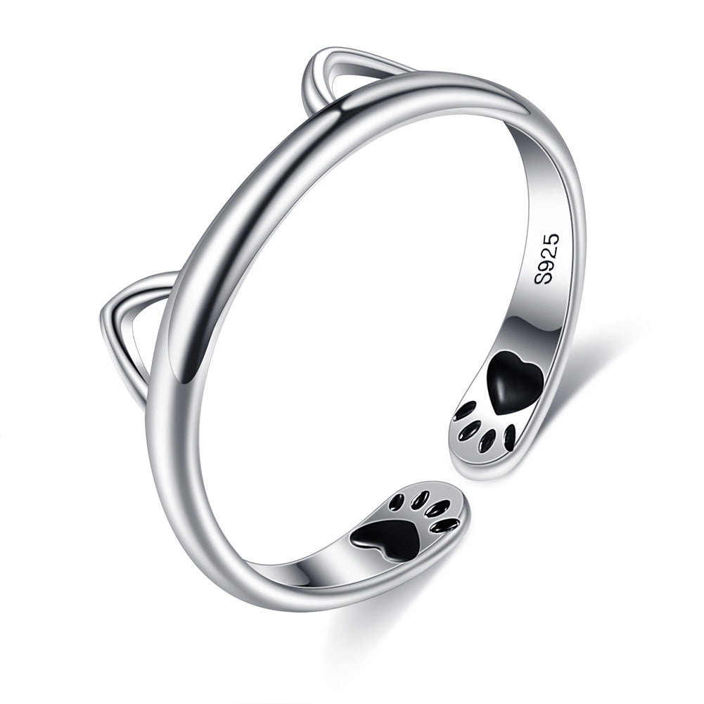 Silver Cat Ear and Paw Print Open Ring