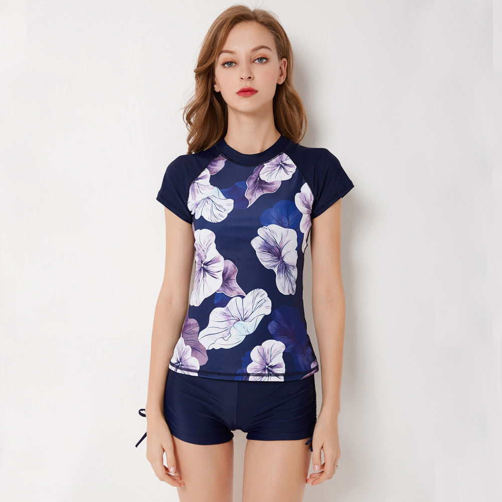 Women's Floral Short-Sleeve Rash Guard Swim Set