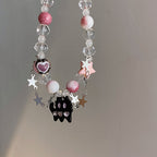 Colorful Icy Cat Beaded Necklace with Ghost Pendant