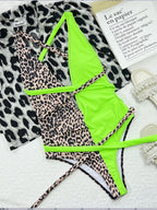 Women's Neon Green and Leopard Deep-V One-Piece Swimsuit
