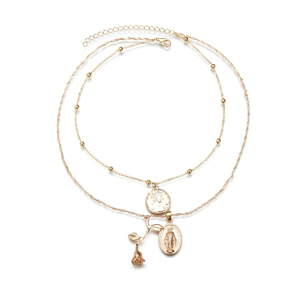 Layered Rose and Medallion Pendant Necklace