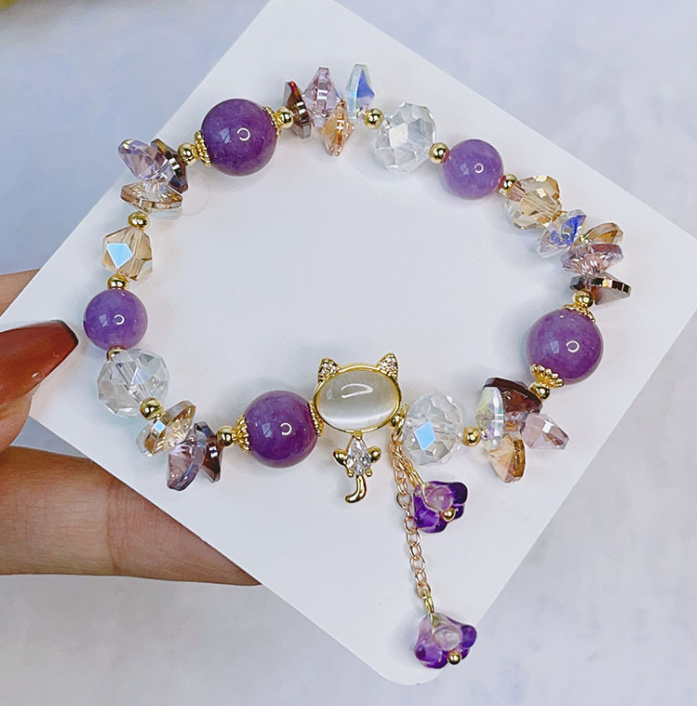 Green Crystal Beaded Bracelet with Opal Cat Charm