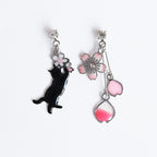 Cat and Cherry Blossom Enamel Earrings