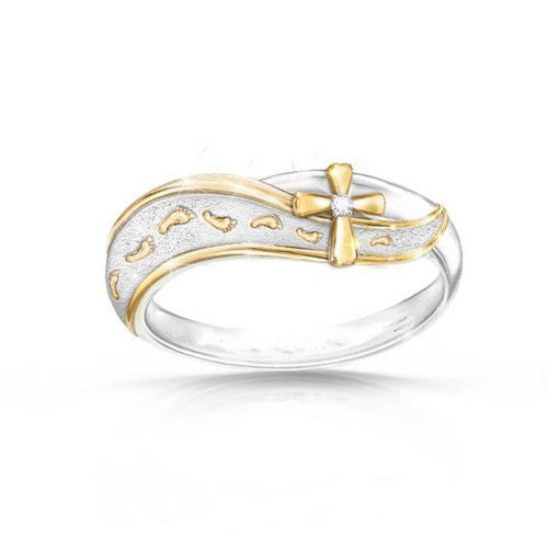 18K Plated Frosted Cross Ring with Footprints Design