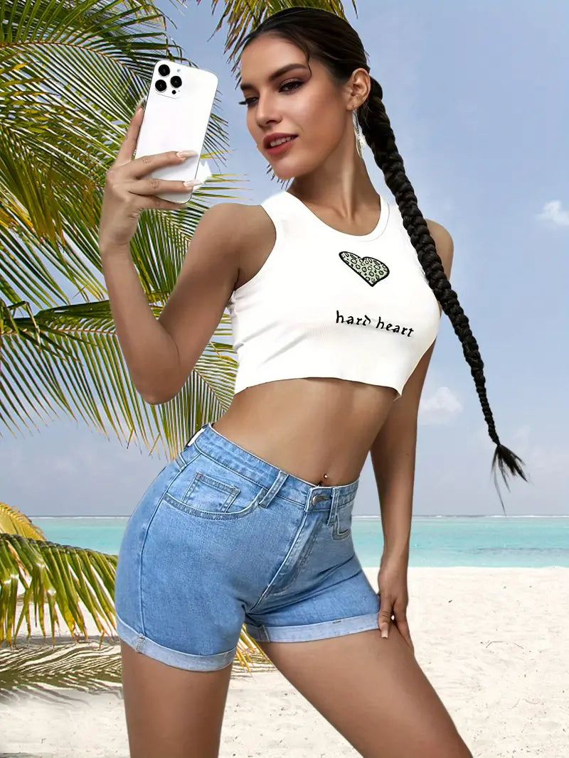 High Waist Denim Shorts for Women - Slim Fit & Rolled Hem