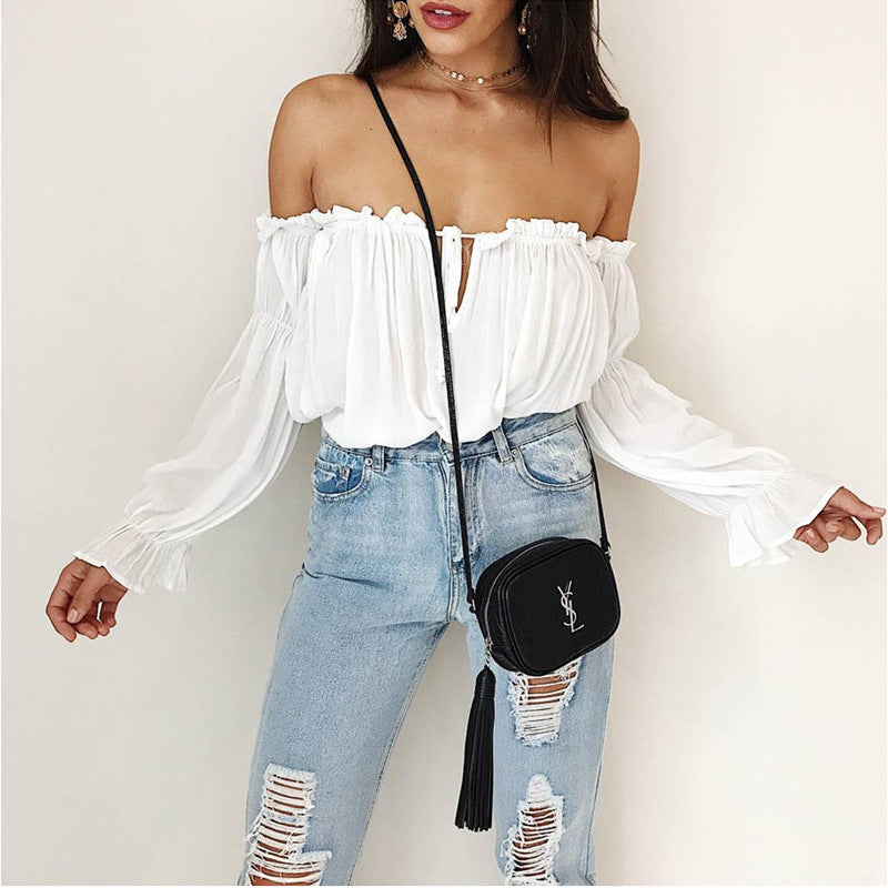 Women's White Off-Shoulder Ruffle Chiffon Cover-Up Top