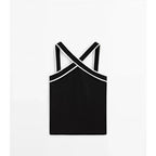 Criss-Cross Strap Contrast-Trim Knit Crop Top
