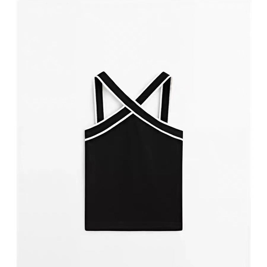 Criss-Cross Strap Contrast-Trim Knit Crop Top