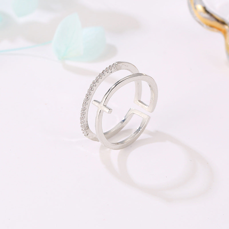 Rose Gold Cross Layered Open Ring with Gold Plating