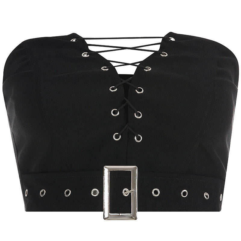 Sexy Adjustable Waistband Crop Top with Lace-Up Design