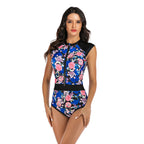 Blue Floral Zip-Front Sleeveless One-Piece Surf Swimsuit
