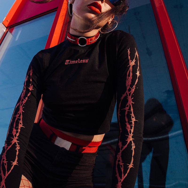 High Neck Printed Long Sleeve T-Shirt, Crop Top