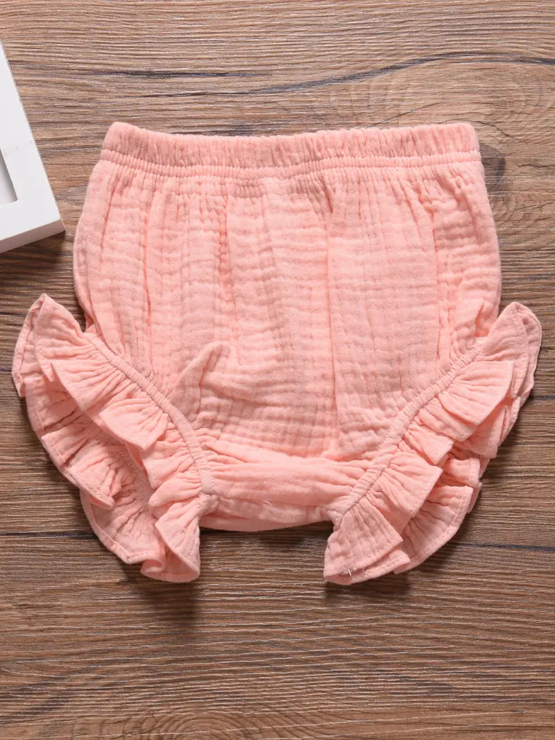 Casual Plain Color Ruffle Trim Shorts for Baby Girls