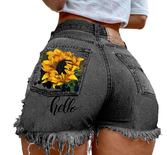 High Waist Denim Shorts for Women with Floral Print