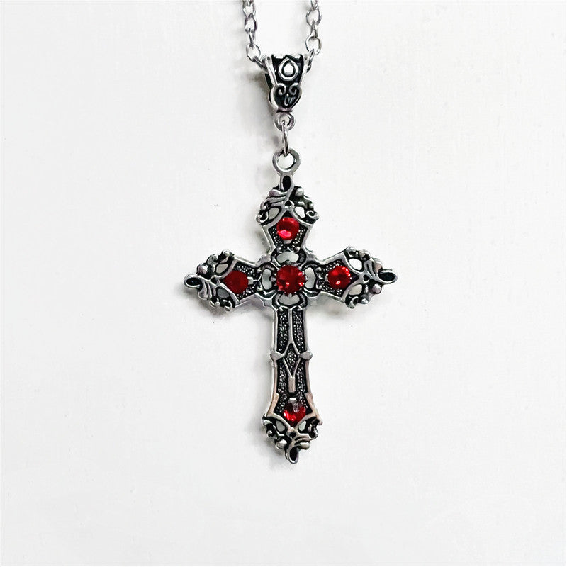 Silver Gothic Cross Necklace with Red Crystals