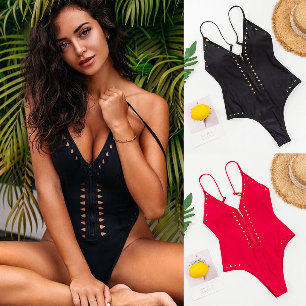 Studded Zip-Front One-Piece Swimsuit