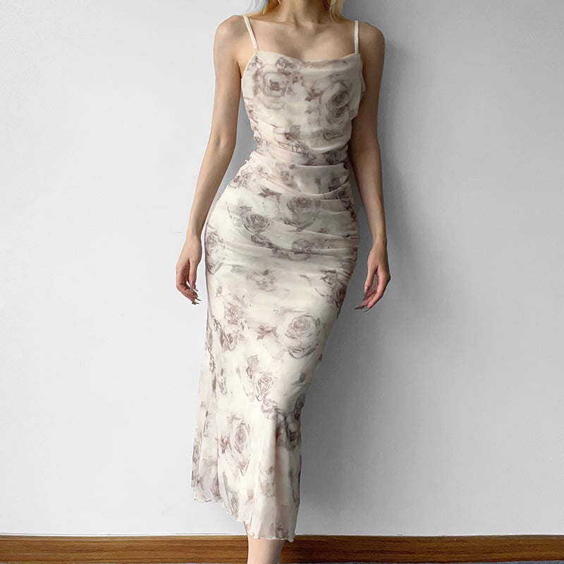 Rose Print Mesh Ruched Slip Dress