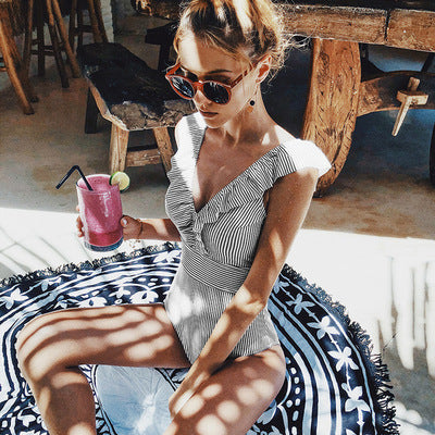 Women's Blue Striped Ruffle V-Neck One-Piece Swimsuit