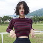 Striped Long Sleeve Crop Top Blouse