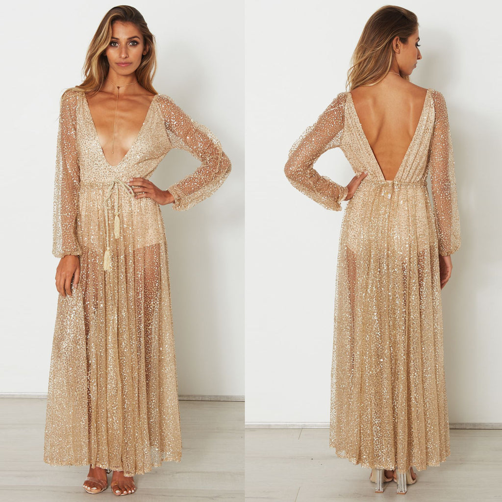 Sheer Sequin Long-Sleeve Beach Cover-Up