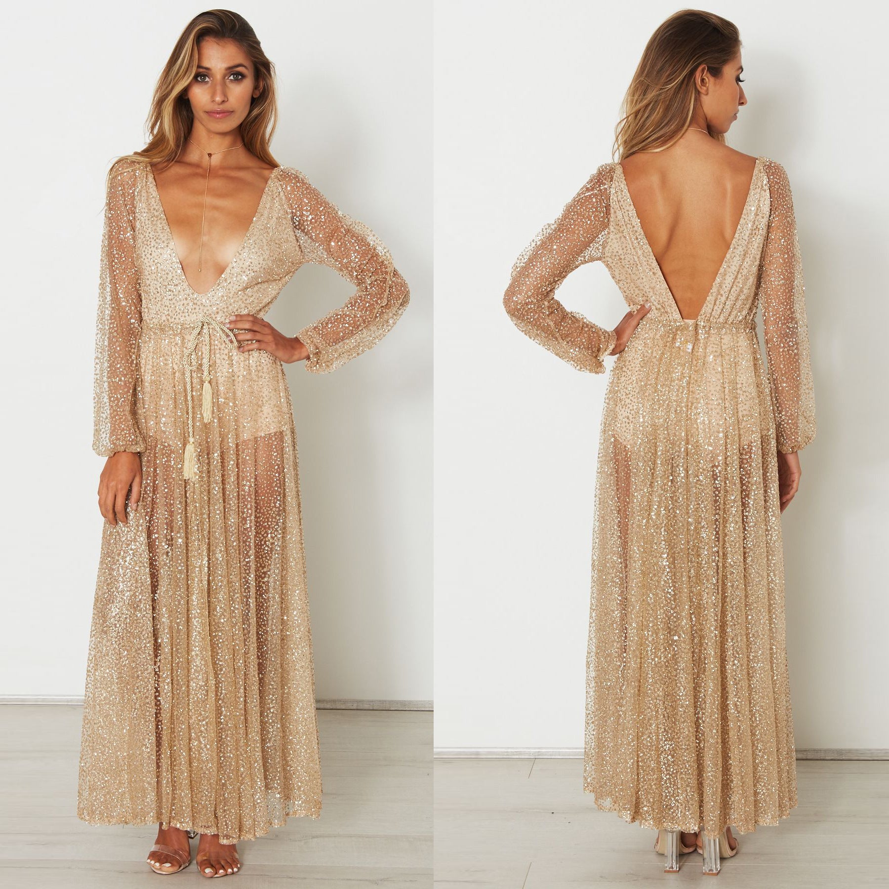 Sheer Sequin Long-Sleeve Beach Cover-Up